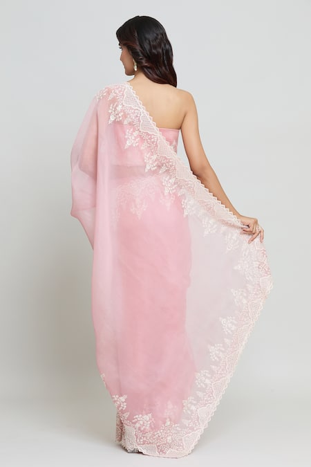 Shop Anushree Reddy Pink Organza Pearls, Mughal Gul Embroidered Saree With Unstitched Blouse Fabric at Aza Fashions Shop_Anushree Reddy_Pink Organza Pearls, Mughal Gul Embroidered Saree With Unstitched Blouse Fabric _at_Aza_Fashions