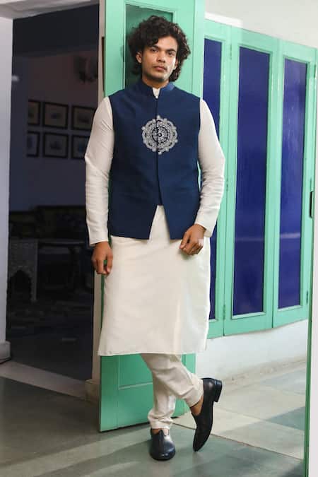 Buy_Roohbyridhimaa_Blue Viscose, Silk Embroidery, Zari Mandala Navy Bundi _Online_at_Aza_Fashions