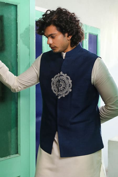 Shop_Roohbyridhimaa_Blue Viscose, Silk Embroidery, Zari Mandala Navy Bundi _Online_at_Aza_Fashions