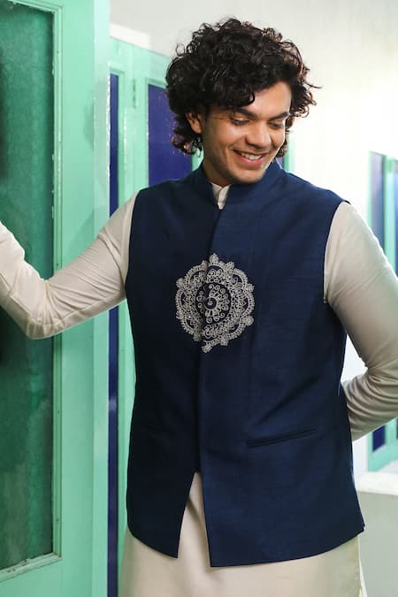 Roohbyridhimaa_Blue Viscose, Silk Embroidery, Zari Mandala Navy Bundi _at_Aza_Fashions