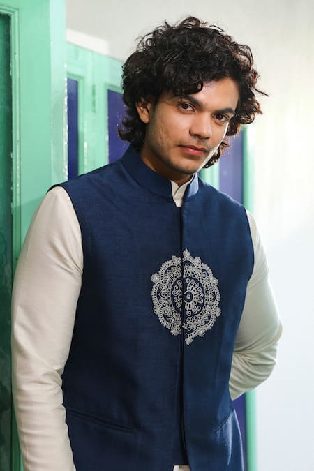 Buy_Roohbyridhimaa_Blue Viscose, Silk Embroidery, Zari Mandala Navy Bundi 