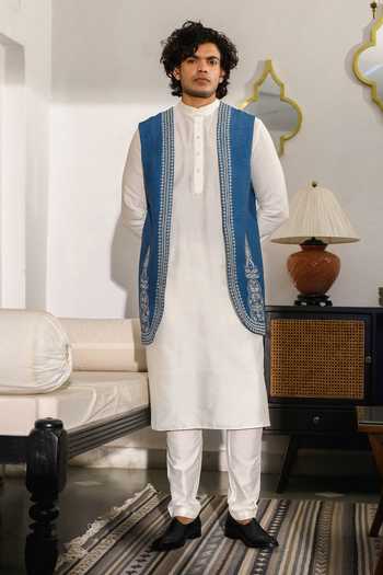 Roohbyridhimaa_Blue Viscose, Silk Embroidery Cobalt Longline Bundi _Online_at_Aza_Fashions