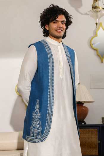 Buy_Roohbyridhimaa_Blue Viscose, Silk Embroidery Cobalt Longline Bundi _Online_at_Aza_Fashions
