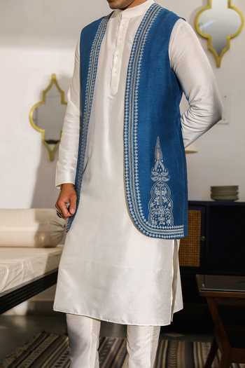 Roohbyridhimaa_Blue Viscose, Silk Embroidery Cobalt Longline Bundi _at_Aza_Fashions