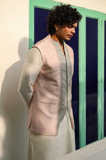 Buy_Roohbyridhimaa_Pink Viscose, Silk Zari, Sequins Powder Embroidered Bundi _Online_at_Aza_Fashions