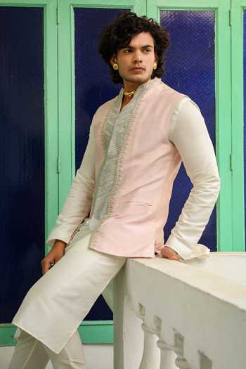 Roohbyridhimaa_Pink Viscose, Silk Zari, Sequins Powder Embroidered Bundi _at_Aza_Fashions