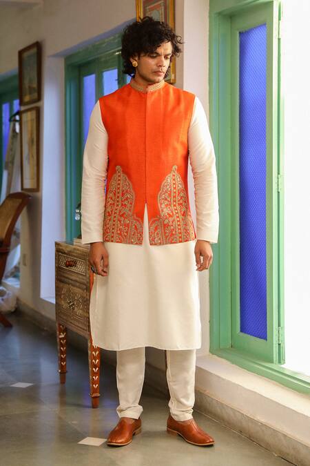 Roohbyridhimaa_Orange Viscose, Silk Zari, Sequins Tangerine Embroidered Bundi _Online_at_Aza_Fashions
