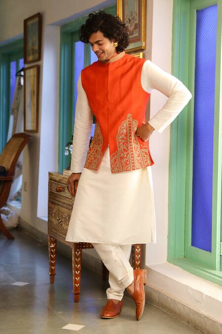 Buy_Roohbyridhimaa_Orange Viscose, Silk Zari, Sequins Tangerine Embroidered Bundi _Online_at_Aza_Fashions