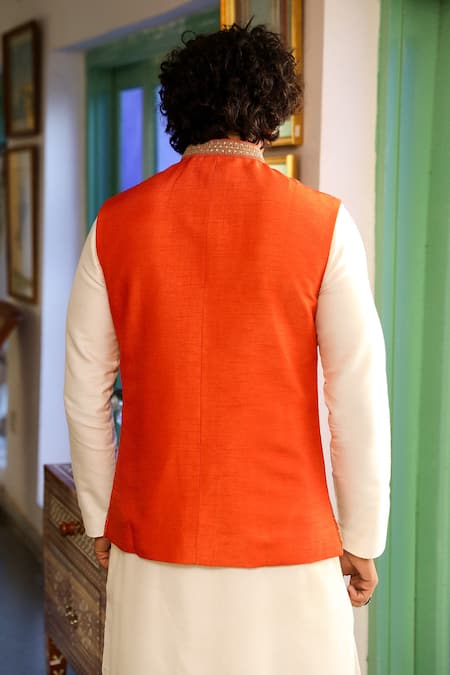 Roohbyridhimaa_Orange Viscose, Silk Zari, Sequins Tangerine Embroidered Bundi _at_Aza_Fashions