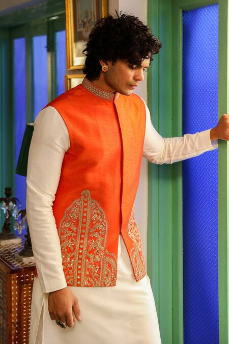 Buy_Roohbyridhimaa_Orange Viscose, Silk Zari, Sequins Tangerine Embroidered Bundi 