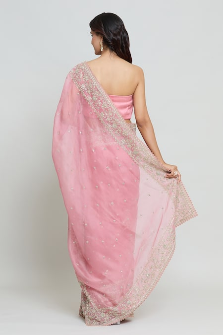 Shop Anushree Reddy Pink Organza Leh Sahya Zardozi Embroidered Saree With Unstitched Blouse Fabric at Aza Fashions Shop_Anushree Reddy_Pink Organza Leh Sahya Zardozi Embroidered Saree With Unstitched Blouse Fabric _at_Aza_Fashions