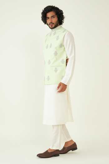 Roohbyridhimaa_Green Silk, Chanderi Embroidery Pastel Resham Bundi _Online_at_Aza_Fashions