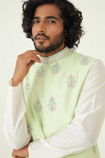 Buy_Roohbyridhimaa_Green Silk, Chanderi Embroidery Pastel Resham Bundi _Online_at_Aza_Fashions