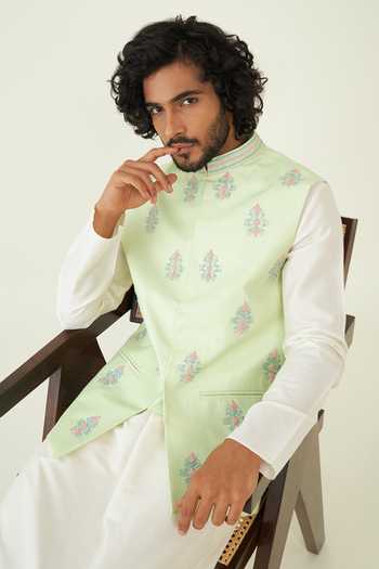 Shop_Roohbyridhimaa_Green Silk, Chanderi Embroidery Pastel Resham Bundi _Online_at_Aza_Fashions