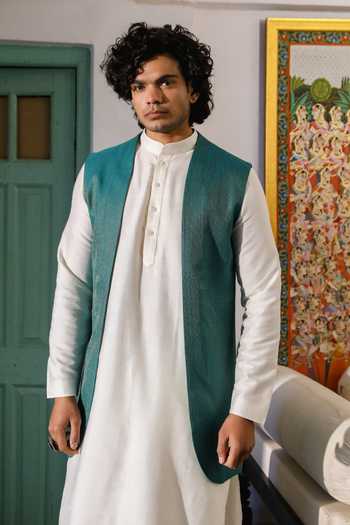 Roohbyridhimaa_Green Silk, Chanderi Teal Stripe Pattern Bundi _Online_at_Aza_Fashions
