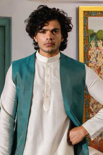 Buy_Roohbyridhimaa_Green Silk, Chanderi Teal Stripe Pattern Bundi _Online_at_Aza_Fashions