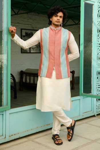Roohbyridhimaa_Pink Viscose, Silk Embroidery Color Block Dori Bundi _Online_at_Aza_Fashions