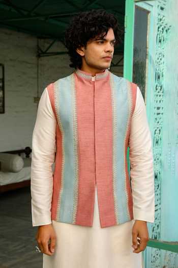 Buy_Roohbyridhimaa_Pink Viscose, Silk Embroidery Color Block Dori Bundi _Online_at_Aza_Fashions