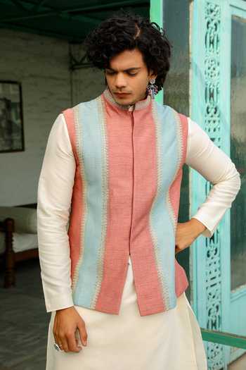 Shop_Roohbyridhimaa_Pink Viscose, Silk Embroidery Color Block Dori Bundi _Online_at_Aza_Fashions