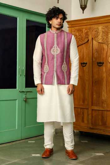 Roohbyridhimaa_Purple Silk, Chanderi Embroidery America Violet Zari Bundi _Online_at_Aza_Fashions