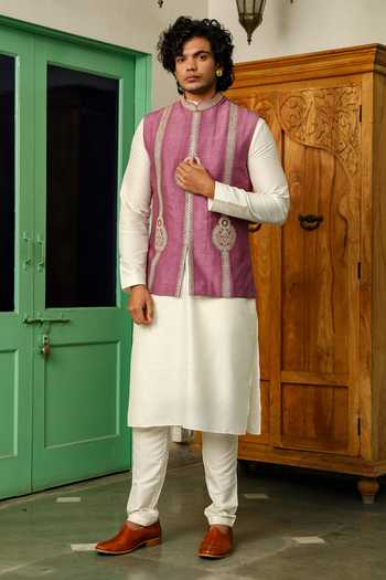 Buy_Roohbyridhimaa_Purple Silk, Chanderi Embroidery America Violet Zari Bundi _Online_at_Aza_Fashions