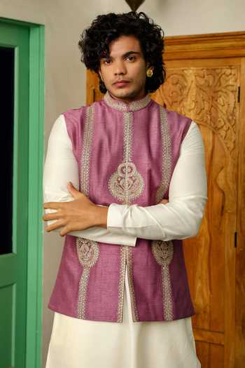 Shop_Roohbyridhimaa_Purple Silk, Chanderi Embroidery America Violet Zari Bundi _Online_at_Aza_Fashions