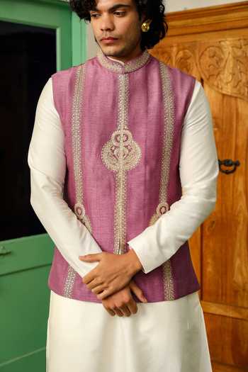 Roohbyridhimaa_Purple Silk, Chanderi Embroidery America Violet Zari Bundi _at_Aza_Fashions