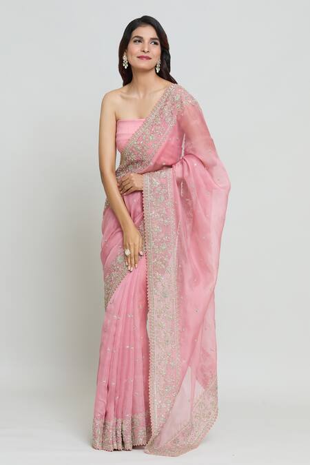 Shop Anushree Reddy Pink Organza Leh Sahya Zardozi Embroidered Saree With Unstitched Blouse Fabric Online at Aza Fashions Shop_Anushree Reddy_Pink Organza Leh Sahya Zardozi Embroidered Saree With Unstitched Blouse Fabric _Online_at_Aza_Fashions