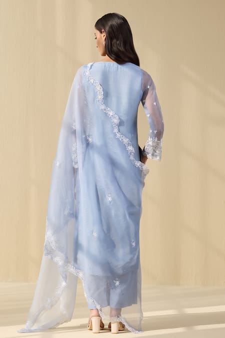 Shop Meesa Blue Organza, Cotton Satin Embroidery Keyhole Daisy Bloom Thread Kurta Pant Set at Aza Fashions Shop_Meesa_Blue Organza, Cotton Satin Embroidery Keyhole Daisy Bloom Thread Kurta Pant Set _at_Aza_Fashions
