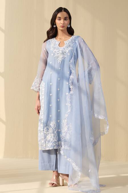 Meesa Blue Organza, Cotton Satin Embroidery Keyhole Daisy Bloom Thread Kurta Pant Set Online at Aza Fashions Meesa_Blue Organza, Cotton Satin Embroidery Keyhole Daisy Bloom Thread Kurta Pant Set _Online_at_Aza_Fashions