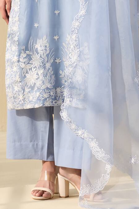 Buy Meesa Blue Organza, Cotton Satin Embroidery Keyhole Daisy Bloom Thread Kurta Pant Set Online at Aza Fashions Buy_Meesa_Blue Organza, Cotton Satin Embroidery Keyhole Daisy Bloom Thread Kurta Pant Set _Online_at_Aza_Fashions