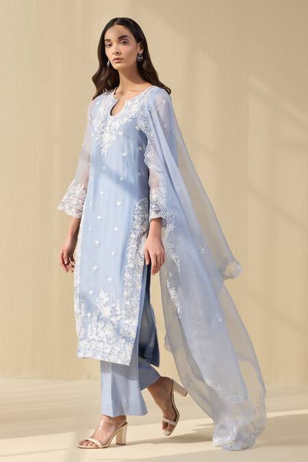 Shop Meesa Blue Organza, Cotton Satin Embroidery Keyhole Daisy Bloom Thread Kurta Pant Set Online at Aza Fashions Shop_Meesa_Blue Organza, Cotton Satin Embroidery Keyhole Daisy Bloom Thread Kurta Pant Set _Online_at_Aza_Fashions