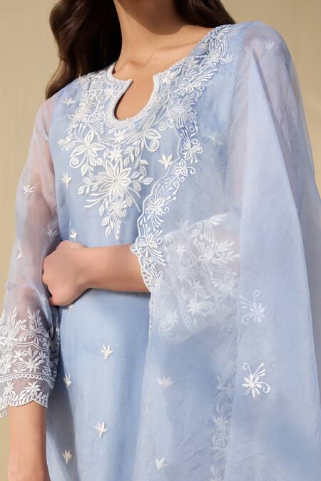Meesa Blue Organza, Cotton Satin Embroidery Keyhole Daisy Bloom Thread Kurta Pant Set at Aza Fashions Meesa_Blue Organza, Cotton Satin Embroidery Keyhole Daisy Bloom Thread Kurta Pant Set _at_Aza_Fashions