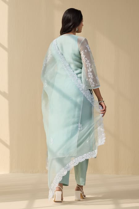 Shop Meesa Green Organza, Cotton Satin Embroidery Round Lily Bloom Thread Kurta Pant Set at Aza Fashions Shop_Meesa_Green Organza, Cotton Satin Embroidery Round Lily Bloom Thread Kurta Pant Set _at_Aza_Fashions