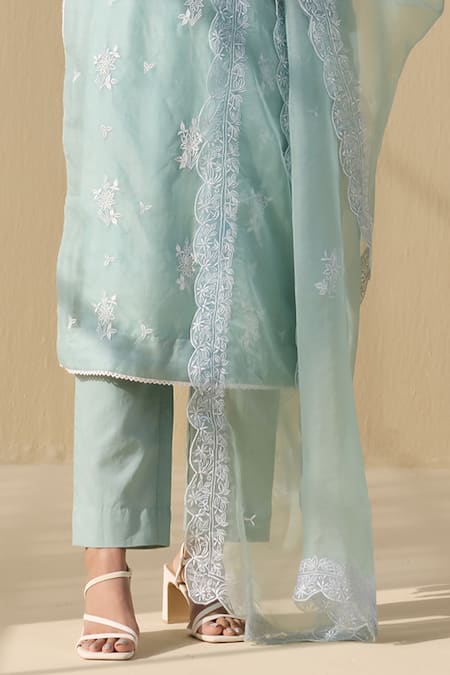 Buy Meesa Green Organza, Cotton Satin Embroidery Round Lily Bloom Thread Kurta Pant Set Online at Aza Fashions Buy_Meesa_Green Organza, Cotton Satin Embroidery Round Lily Bloom Thread Kurta Pant Set _Online_at_Aza_Fashions