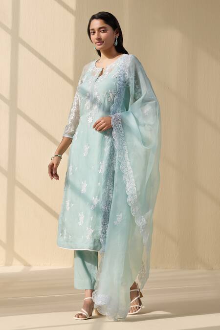 Shop Meesa Green Organza, Cotton Satin Embroidery Round Lily Bloom Thread Kurta Pant Set Online at Aza Fashions Shop_Meesa_Green Organza, Cotton Satin Embroidery Round Lily Bloom Thread Kurta Pant Set _Online_at_Aza_Fashions