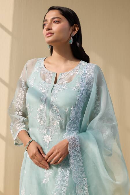 Meesa Green Organza, Cotton Satin Embroidery Round Lily Bloom Thread Kurta Pant Set at Aza Fashions Meesa_Green Organza, Cotton Satin Embroidery Round Lily Bloom Thread Kurta Pant Set _at_Aza_Fashions