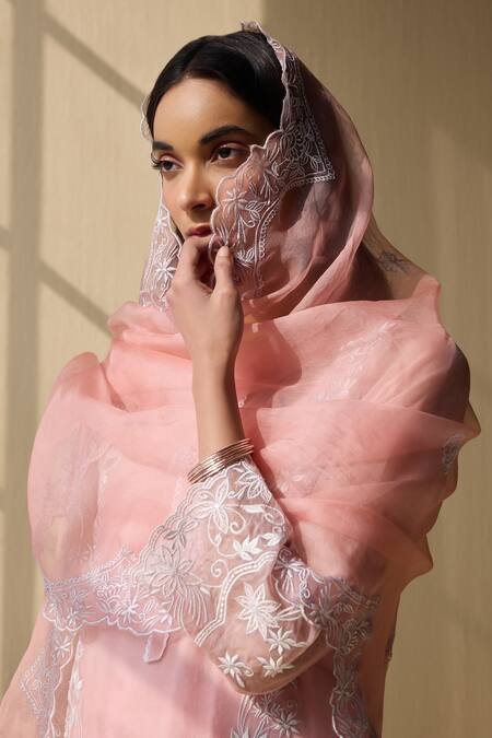 Meesa_Pink Organza, Cotton Satin Embroidery Round Neck Bloom Thread Kurta Pant Set _Online_at_Aza_Fashions