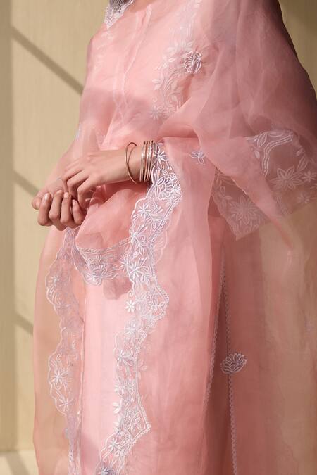 Buy_Meesa_Pink Organza, Cotton Satin Embroidery Round Neck Bloom Thread Kurta Pant Set _Online_at_Aza_Fashions