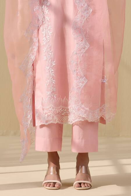 Shop_Meesa_Pink Organza, Cotton Satin Embroidery Round Neck Bloom Thread Kurta Pant Set _Online_at_Aza_Fashions
