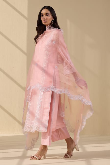 Meesa_Pink Organza, Cotton Satin Embroidery Round Neck Bloom Thread Kurta Pant Set _at_Aza_Fashions
