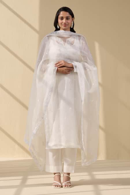 Meesa White Organza Embroidery Thread Notched Round Blossom Kurta Pant Set  