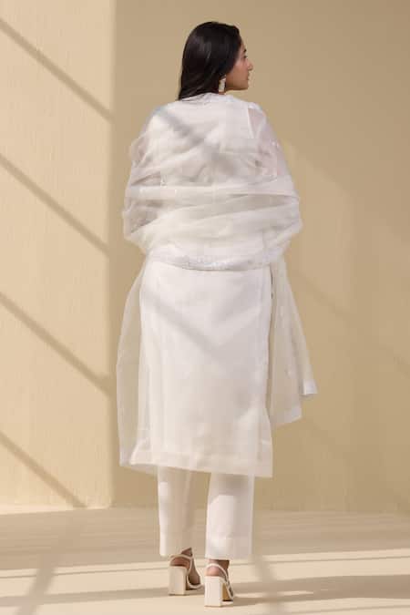 Shop Meesa White Organza, Cotton Satin Embroidery Round Neck Blossom Thread Kurta Pant Set at Aza Fashions Shop_Meesa_White Organza, Cotton Satin Embroidery Round Neck Blossom Thread Kurta Pant Set _at_Aza_Fashions