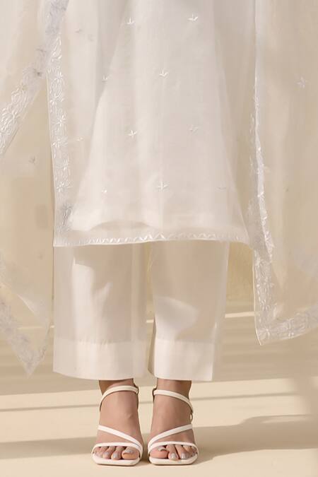 Meesa White Organza, Cotton Satin Embroidery Round Neck Blossom Thread Kurta Pant Set Online at Aza Fashions Meesa_White Organza, Cotton Satin Embroidery Round Neck Blossom Thread Kurta Pant Set _Online_at_Aza_Fashions