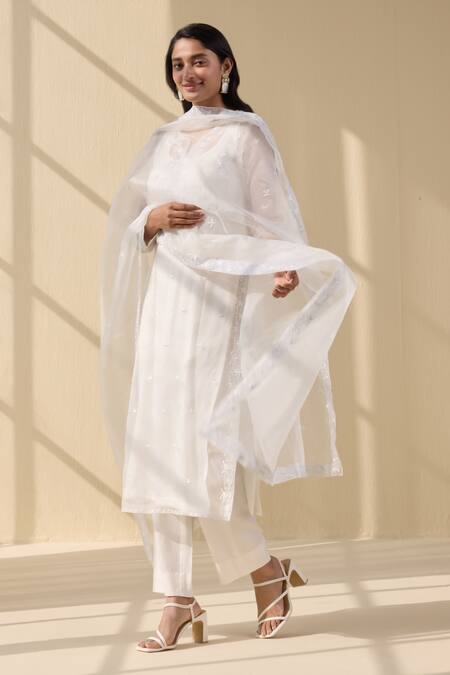 Buy Meesa White Organza, Cotton Satin Embroidery Round Neck Blossom Thread Kurta Pant Set Online at Aza Fashions Buy_Meesa_White Organza, Cotton Satin Embroidery Round Neck Blossom Thread Kurta Pant Set _Online_at_Aza_Fashions