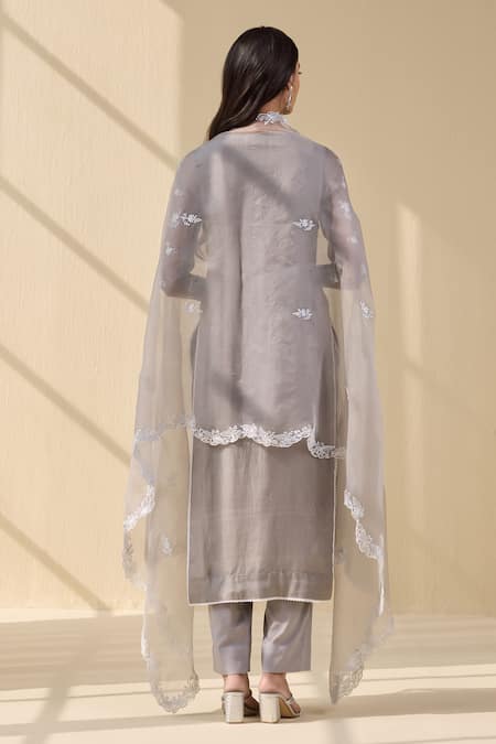 Shop Meesa Grey Organza, Cotton Satin Embroidery Round Neck Fleur Thread Kurta Pant Set at Aza Fashions Shop_Meesa_Grey Organza, Cotton Satin Embroidery Round Neck Fleur Thread Kurta Pant Set _at_Aza_Fashions
