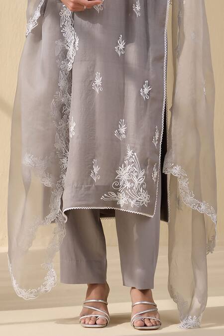 Meesa Grey Organza, Cotton Satin Embroidery Round Neck Fleur Thread Kurta Pant Set Online at Aza Fashions Meesa_Grey Organza, Cotton Satin Embroidery Round Neck Fleur Thread Kurta Pant Set _Online_at_Aza_Fashions
