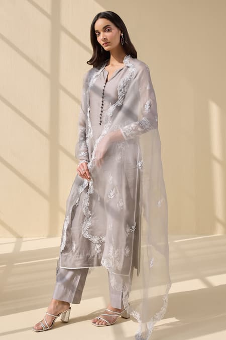 Buy Meesa Grey Organza, Cotton Satin Embroidery Round Neck Fleur Thread Kurta Pant Set Online at Aza Fashions Buy_Meesa_Grey Organza, Cotton Satin Embroidery Round Neck Fleur Thread Kurta Pant Set _Online_at_Aza_Fashions