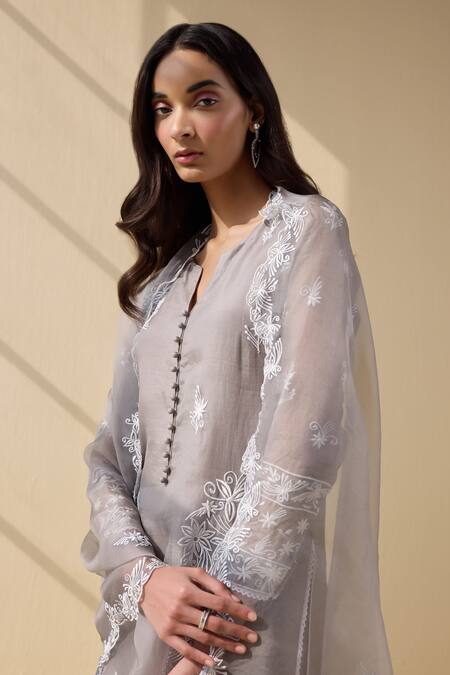 Shop Meesa Grey Organza, Cotton Satin Embroidery Round Neck Fleur Thread Kurta Pant Set Online at Aza Fashions Shop_Meesa_Grey Organza, Cotton Satin Embroidery Round Neck Fleur Thread Kurta Pant Set _Online_at_Aza_Fashions