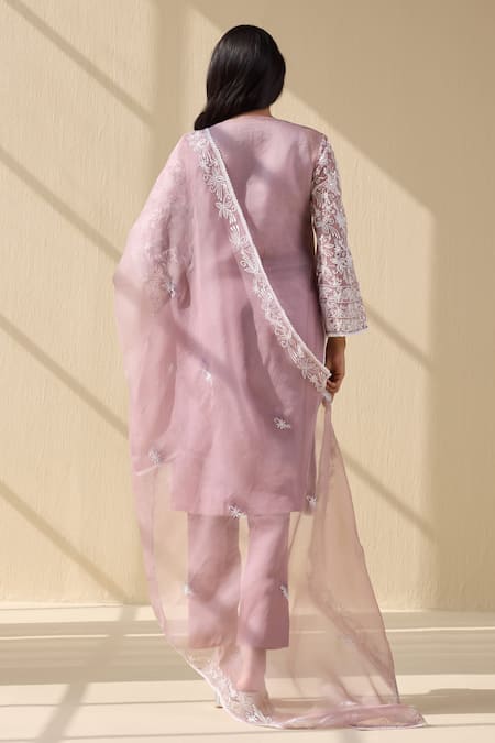 Shop Meesa Purple Organza, Cotton Satin Embroidery Round Neck Bahar Thread Kurta Pant Set at Aza Fashions Shop_Meesa_Purple Organza, Cotton Satin Embroidery Round Neck Bahar Thread Kurta Pant Set _at_Aza_Fashions
